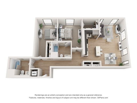 Floor plan for 2 beds, 2 baths, 1269 sqft